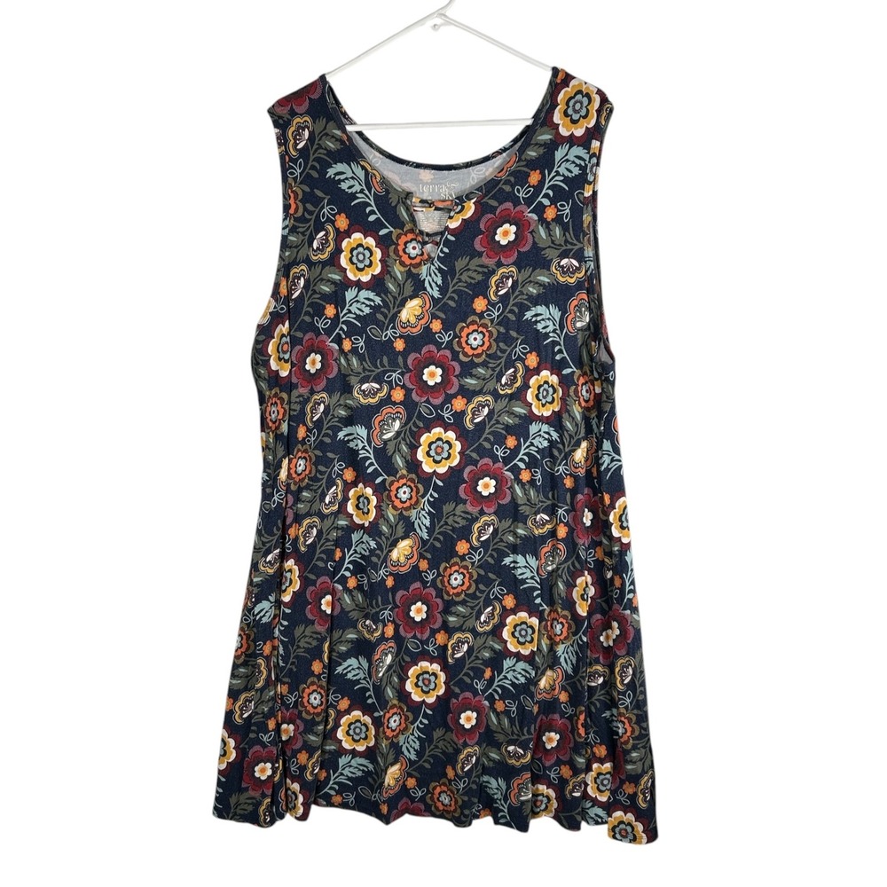 Terra & Sky Womens 3X Plus Blue Cove Floral Sleeveless Lace Up Keyhole Dress
